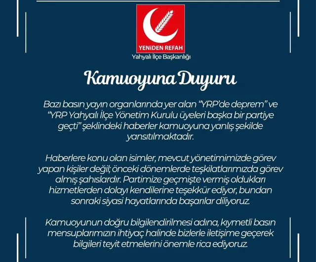 YRP Kayseri İl Başkanlığı: Yahyalı iddiaları gerçeği yansıtmıyor