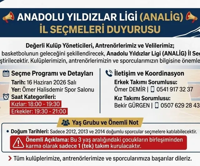 ANALİG Basketbol Kayseri İl Seçmeleri 16 Haziran 2026'da Ömer Halisdemir Spor Salonu'nda