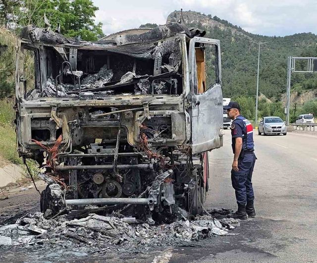 Cam madeni yüklü tır yol kenarında alev aldı, sürücü son anda kurtuldu