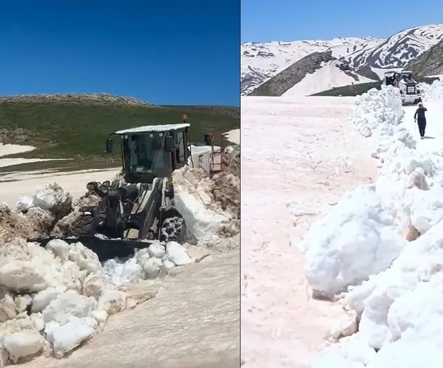 Hakkari'de yaz mevsimine rağmen 3 metreyi bulan karda yol açma çalışması