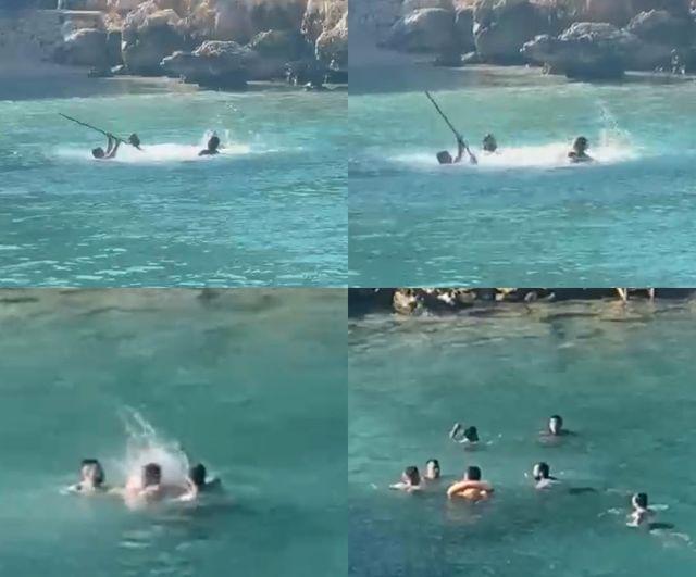 Mersin'de denizin ortasında sopalı kavga kamerada