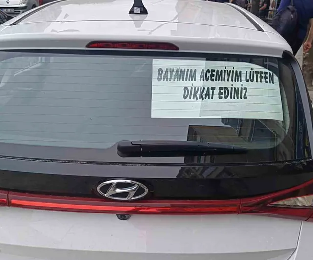 Ordu'da acemi kadın sürücünün arka cam yazısı trafikte dikkat çekti