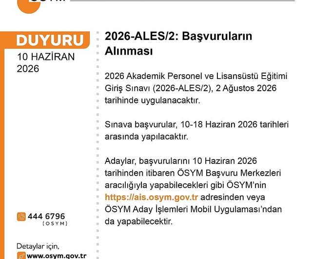 ÖSYM: 2026-ALES/2 başvuruları 10-18 Haziran arasında alınacak
