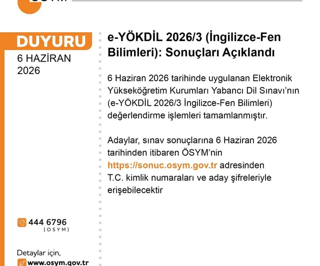 ÖSYM e‑YÖKDİL 2026/3 sonuçlarını açıkladı: İngilizce-Fen Bilimleri değerlendirmesi tamamlandı