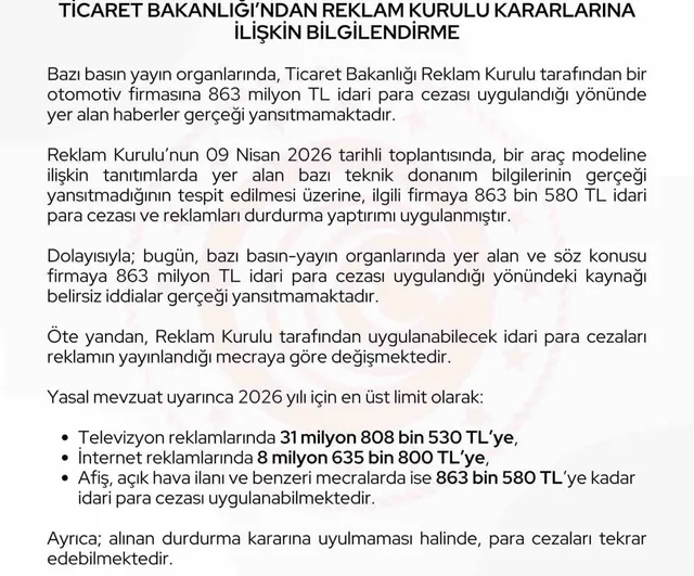 Ticaret Bakanlığı: 863 milyon lira cezası iddiaları gerçeği yansıtmıyor