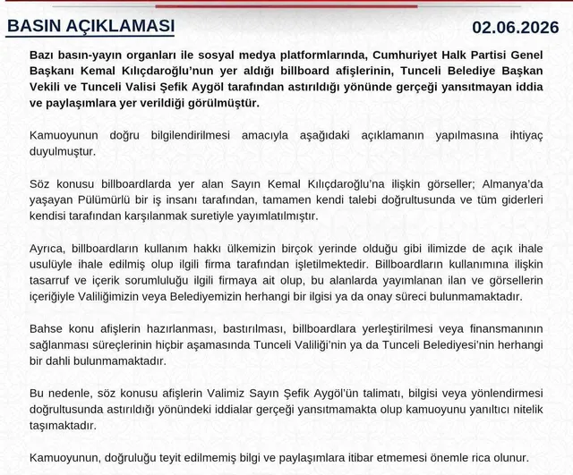 Tunceli Valiliği: Kılıçdaroğlu afişleri valilik veya belediye tarafından astırılmadı