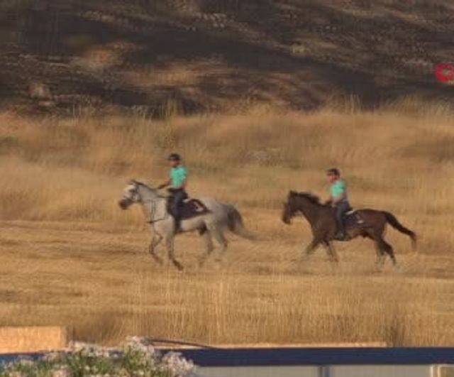Atlı jandarmalar Pamukkale'deki yangın bölgesine hortum taşıdı