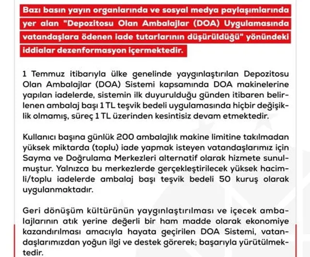 Dezenformasyon iddiası yalanlandı: DOA iade tutarı 1 TL olarak sürüyor