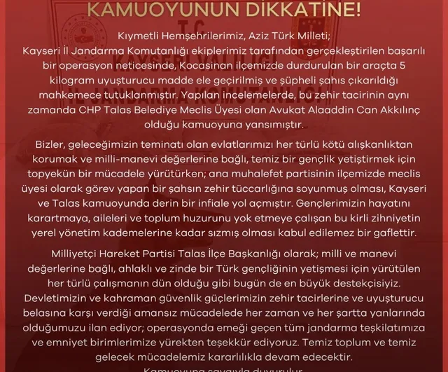MHP'den CHP'li meclis üyesinin uyuşturucuyla yakalanmasına tepki