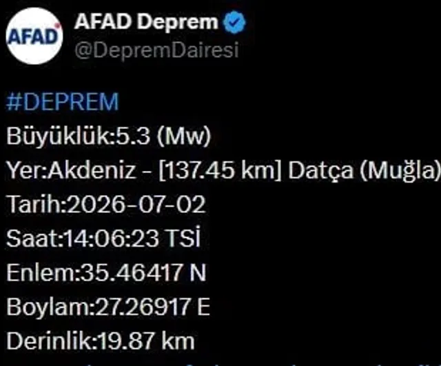 Muğla'da 5.3 büyüklüğünde deprem datça merkezli