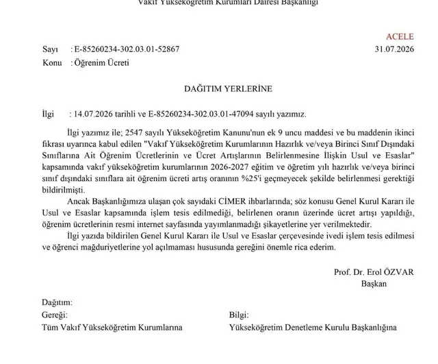 YÖK'ten vakıf üniversitelerine öğrenim ücreti artışı uyarısı
