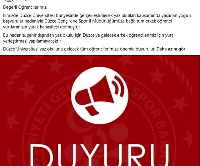 Yurt kapasitesi doldu: Düzce Gençlik ve Spor İl Müdürlüğü'nden uyarı