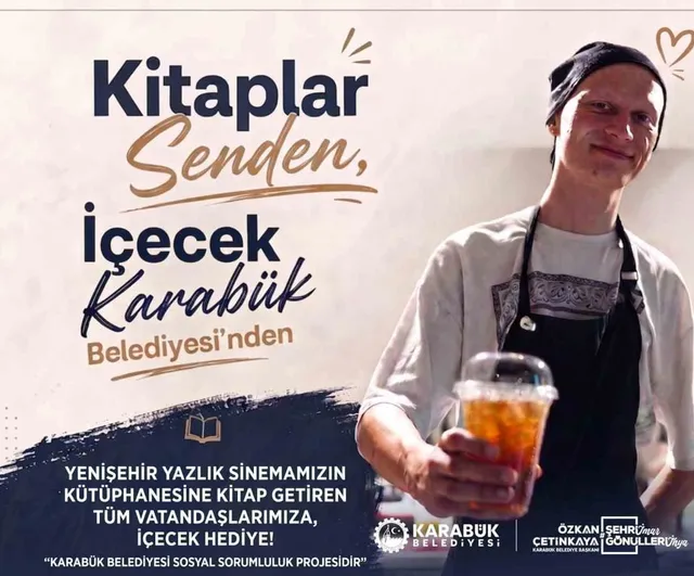 Kütüphaneye kitap getirenlere Yenişehir yazlık sinemasında içecek ikramı