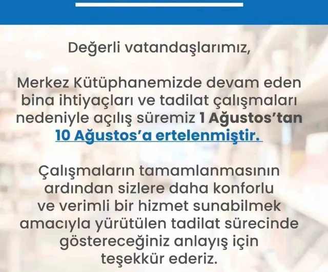 Merkez Kütüphane 10 ağustos'ta bakım sonrası yeniden açılacak