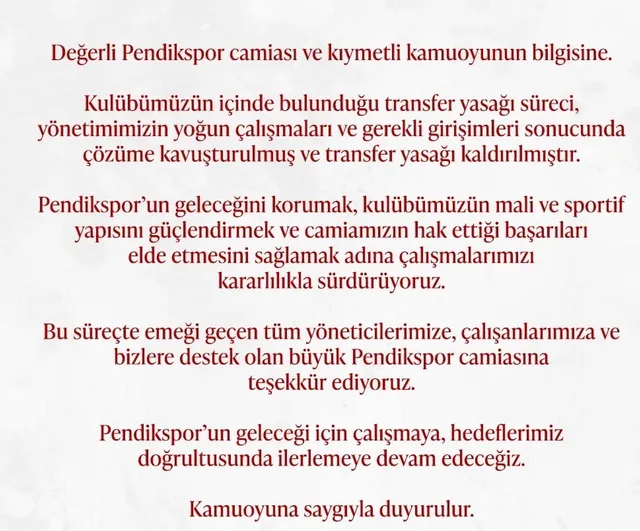 Pendikspor transfer yasağını kaldırdı, yönetim geleceğe odaklandı