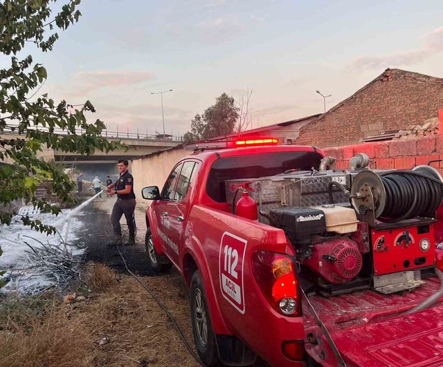 Efeler'de otluk yangını rüzgarla yayıldı, itfaiye yerleşimi korudu