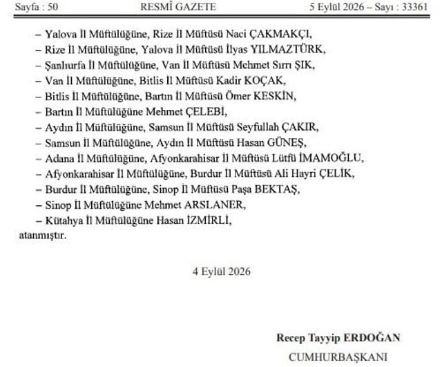 Müftüler yer değiştirdi: Samsun ve Aydın görevleri birbirine devredildi