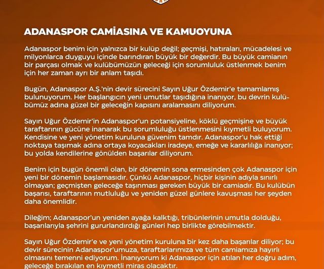 Adanaspor'da devir tamamlandı: yeni dönem için umut mesajı
