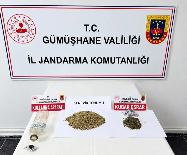 Gümüşhane'de jandarma operasyonunda araçta kubar esrar ve 102,8 gram kenevir tohumu ele geçirildi