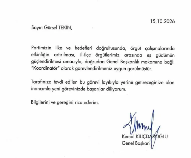 Gürsel Tekin'e genel başkanlık makamına bağlı koordinatörlük görevi verildi