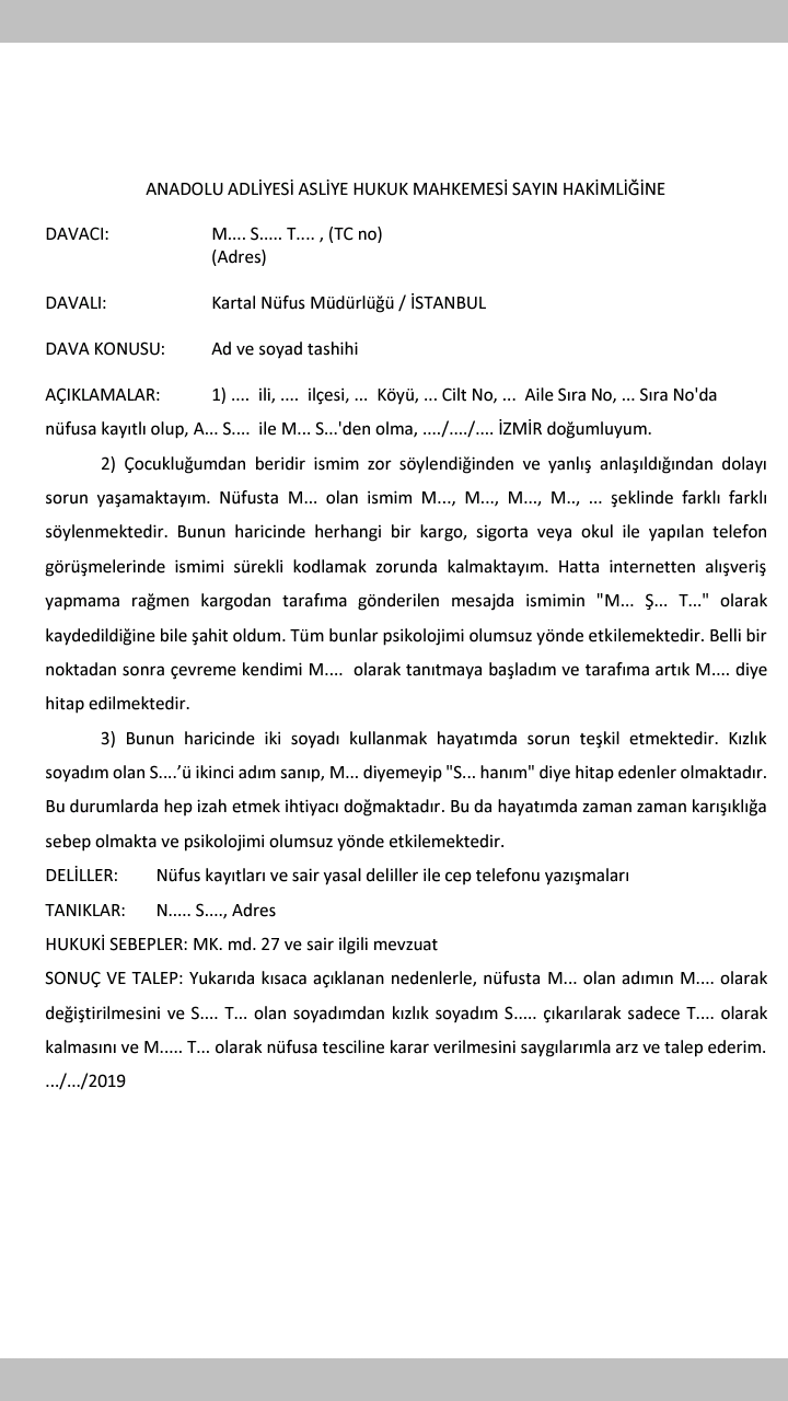 isim değiştirme dilekçe örneği