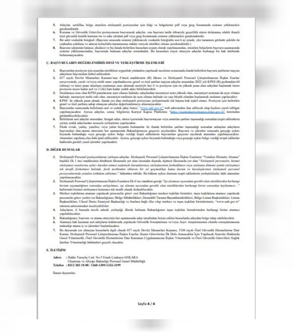 Ulaştırma ve Altyapı Bakanlığı'nın 91 Personel Alım Şartları