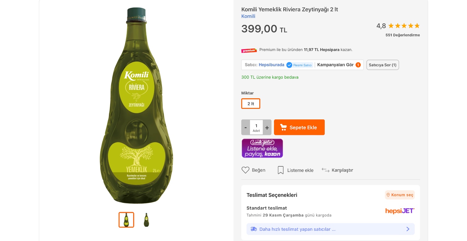 komili 2 lt zeytinyağı