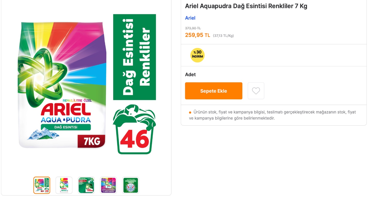 ARİEL ÇAMAŞIR DETERJANI 259,95 TL’YE DÜŞÜYOR