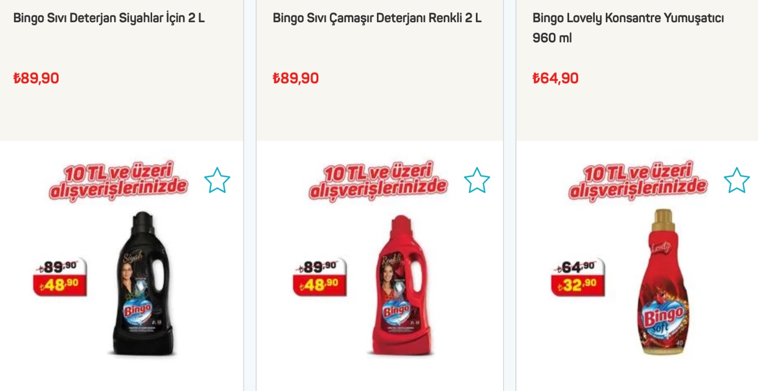 BİNGO ÇAMAŞIR DETERJANLARI VE YUMUŞATICILAR DA YARI FİYATINA DÜŞÜYOR