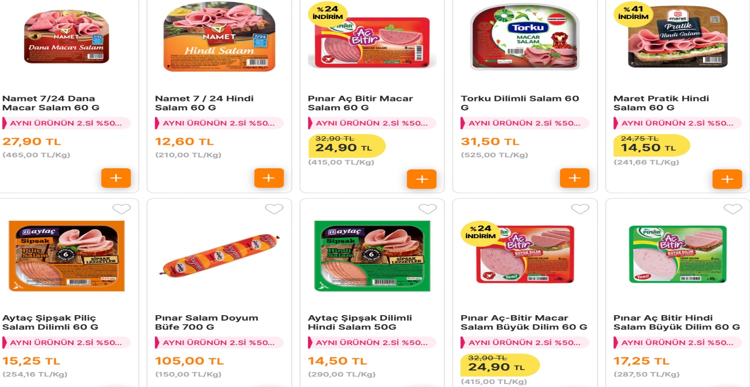 PAKETLİ SOSİS VE SALAMLARDA AYNI ÜRÜNÜN İKİNCİSİ %50 İNDİRİMLİ