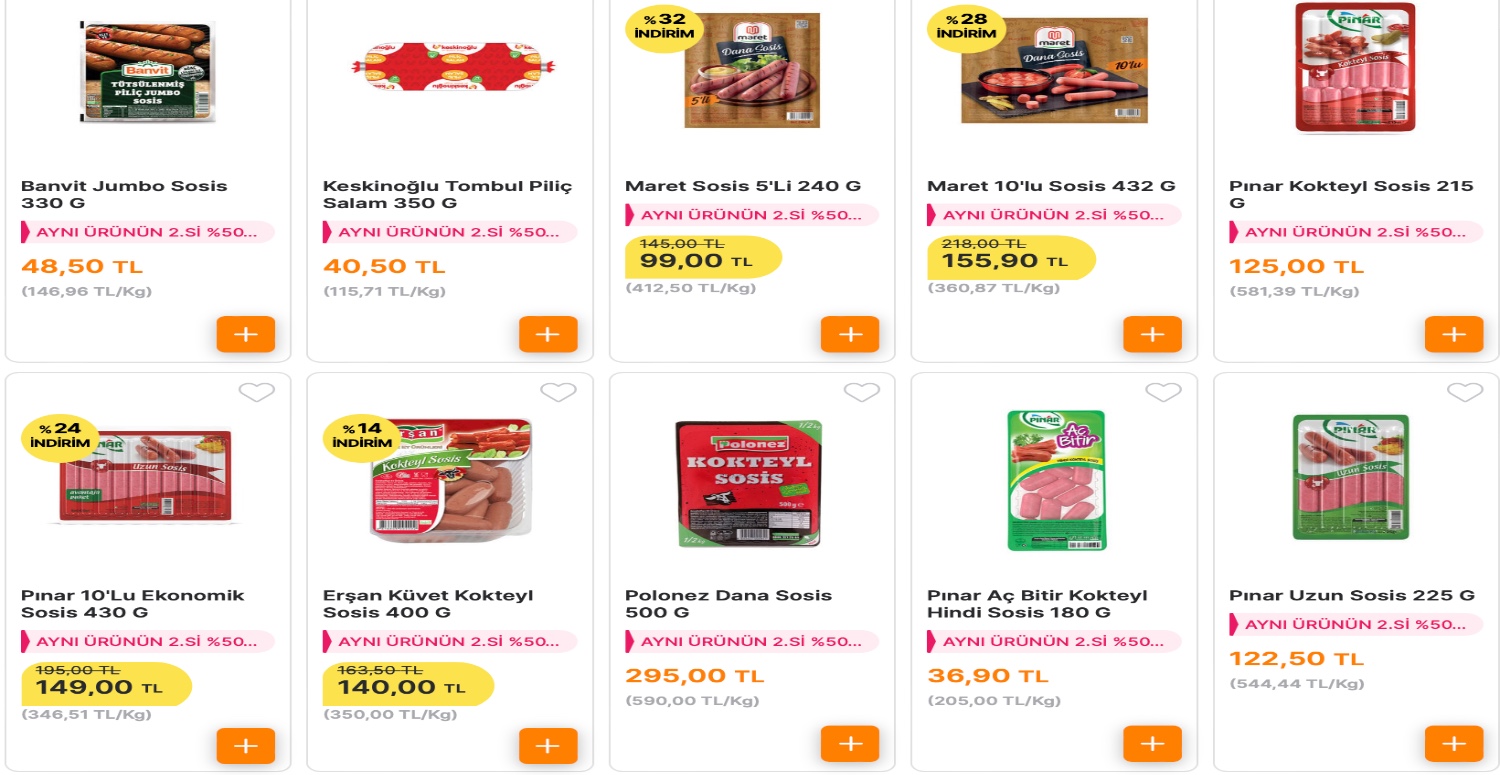 PAKETLİ SOSİS VE SALAMLARDA AYNI ÜRÜNÜN İKİNCİSİ %50 İNDİRİMLİ