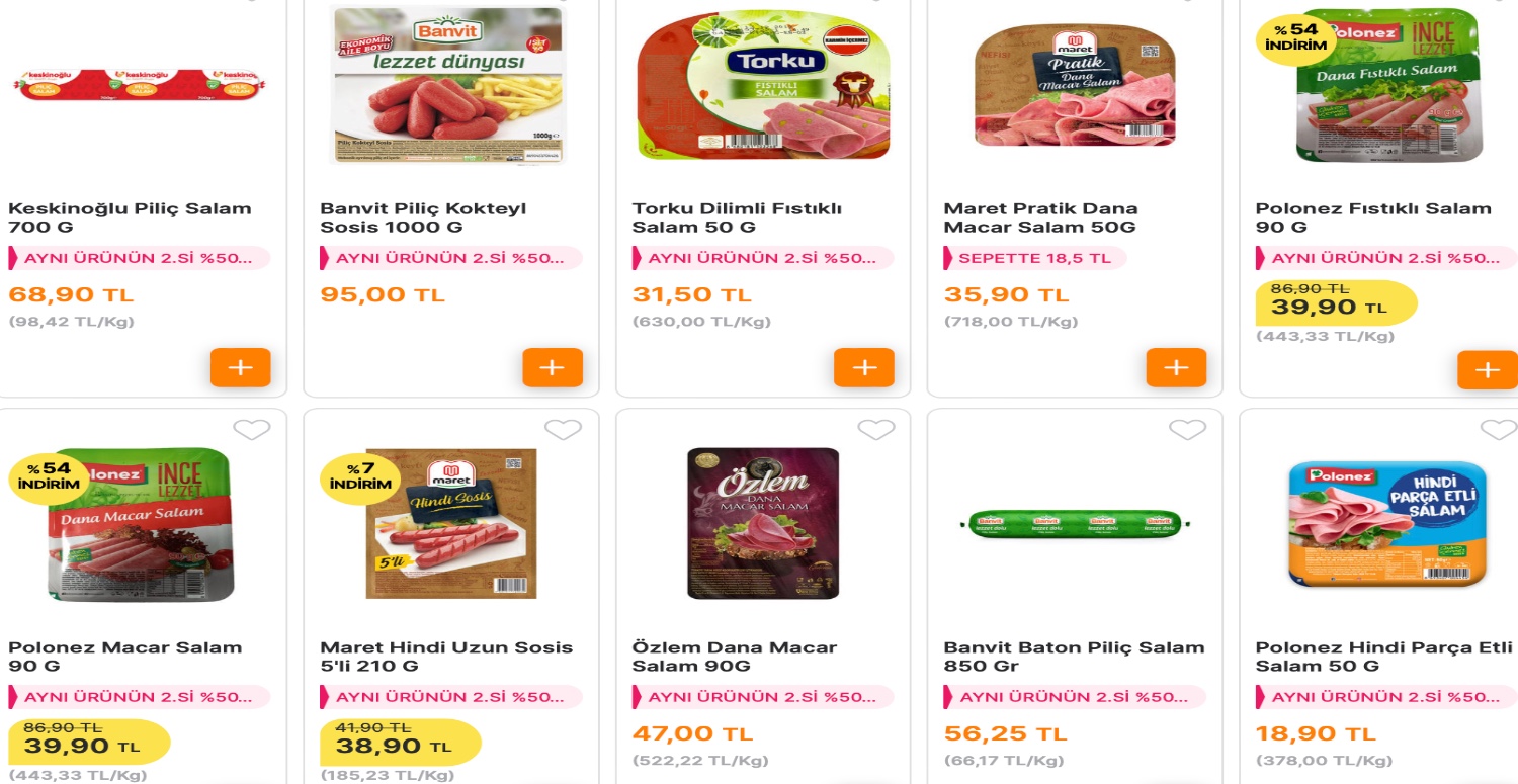 PAKETLİ SOSİS VE SALAMLARDA AYNI ÜRÜNÜN İKİNCİSİ %50 İNDİRİMLİ