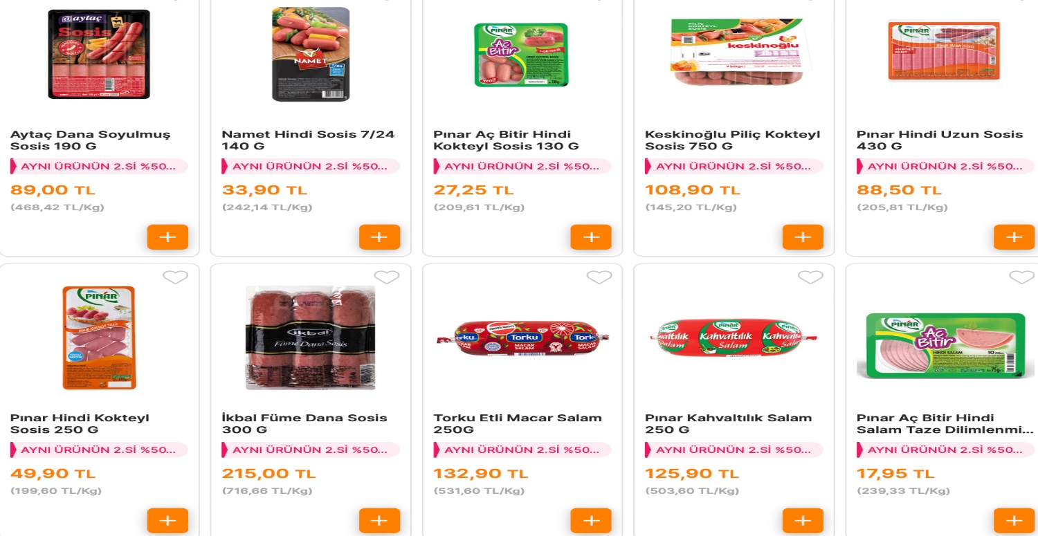 PAKETLİ SOSİS VE SALAMLARDA AYNI ÜRÜNÜN İKİNCİSİ %50 İNDİRİMLİ