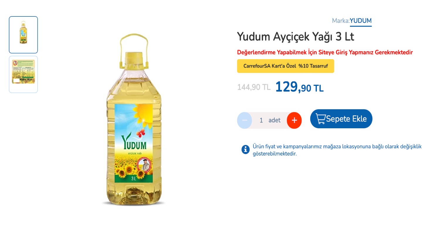 YUDUM AYÇİÇEK YAĞI 129,90 TL’YE SATIŞTA