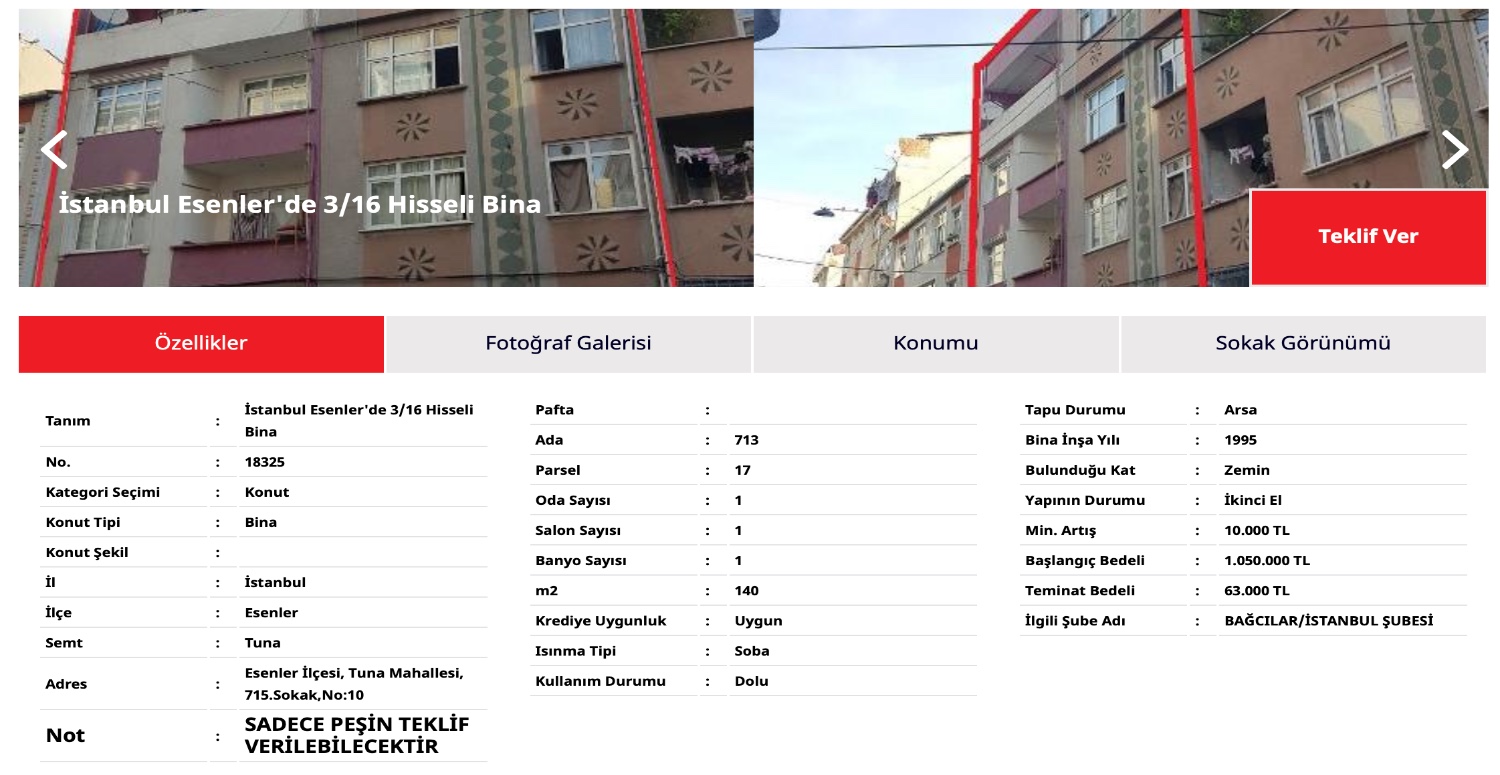 1.050.000 TL BAŞLANGIÇ BEDELLİ 140 METRE² DAİRE SATILIK