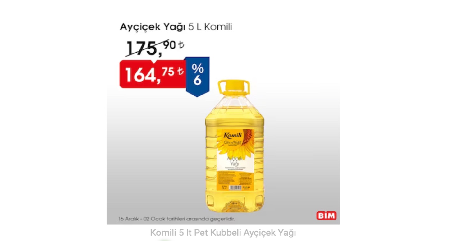 BEŞ LİTRELIK AYÇİÇEK YAĞI 164,75 TL’YE SATILIYOR BUGÜN SON GÜN