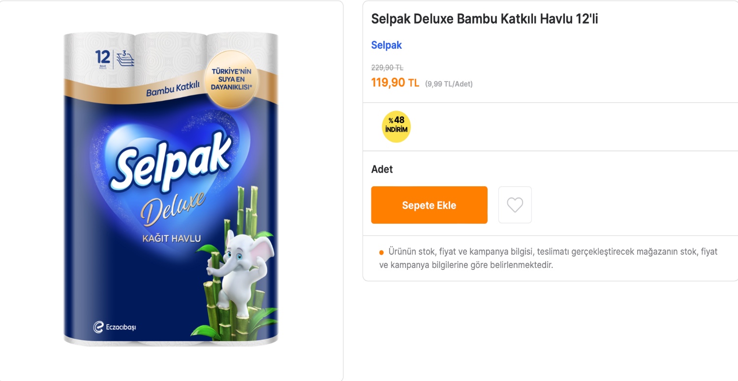 SELPAK 12'Lİ HAVLU KAĞIT 119,90 TL DÜŞÜYOR