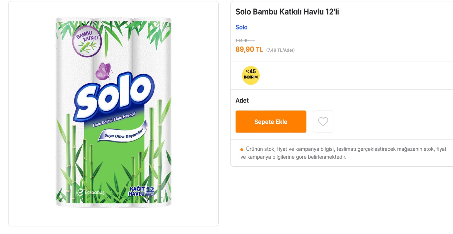 SOLO HAVLU KAĞIT 89,90 TL’YE DÜŞÜYOR