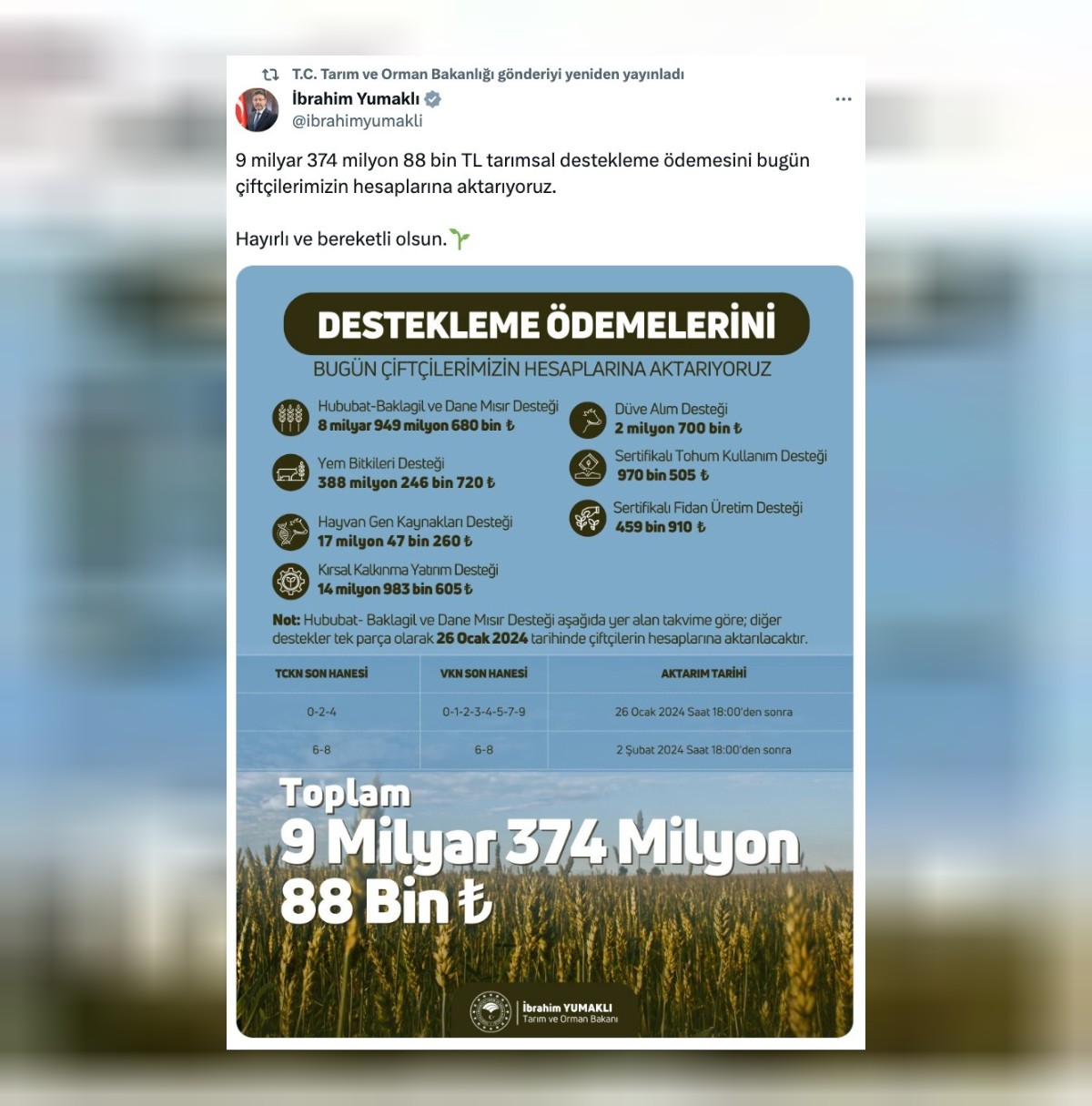 tarımsal destek ödemesi