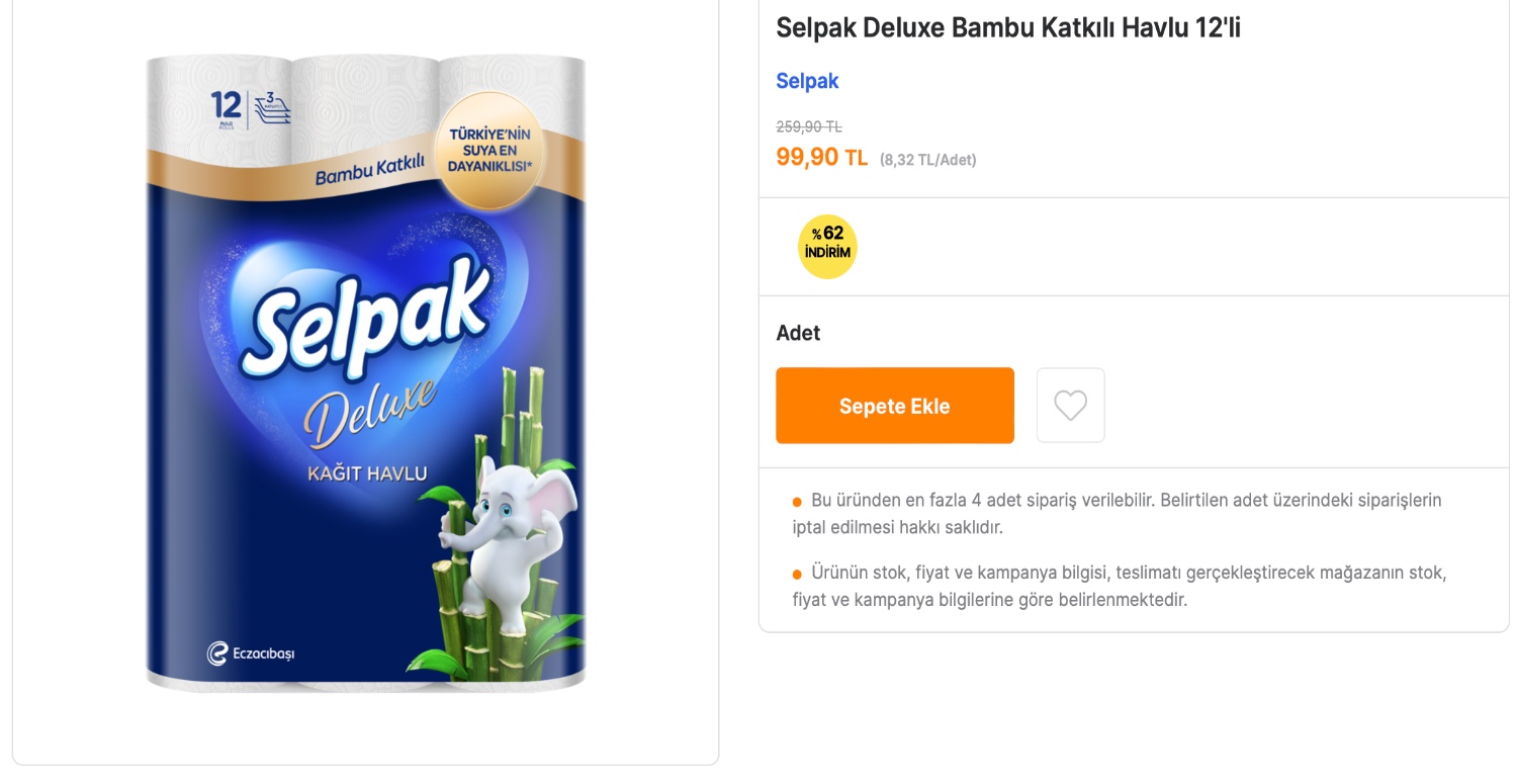 12’Lİ KAĞIT HAVLU 99,90 TL'YE KADAR DÜŞÜYOR