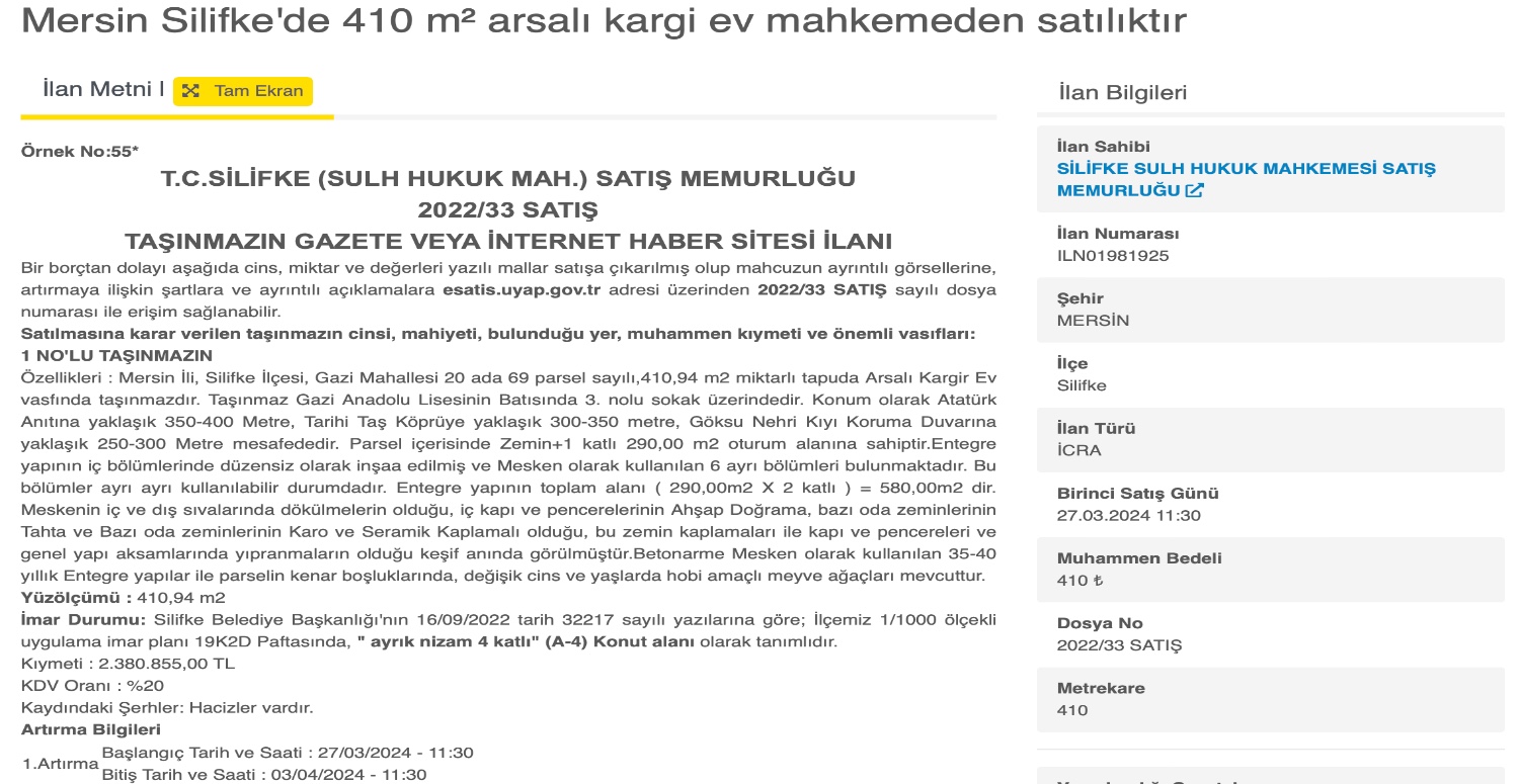 410 TL’ye arsalı kargi ev satılık! Sadece 410 TL’ye tapunuzu alacaksınız