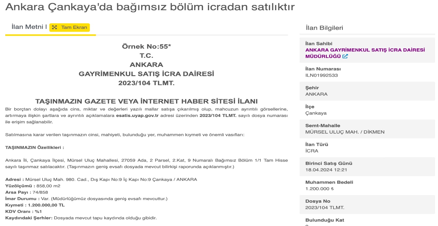 Ankara'nın merkezinde bağımsız bölüm icradan satışa çıkartıldı! Kaçmaz fiyata taşımaz sahibi olacaksınız