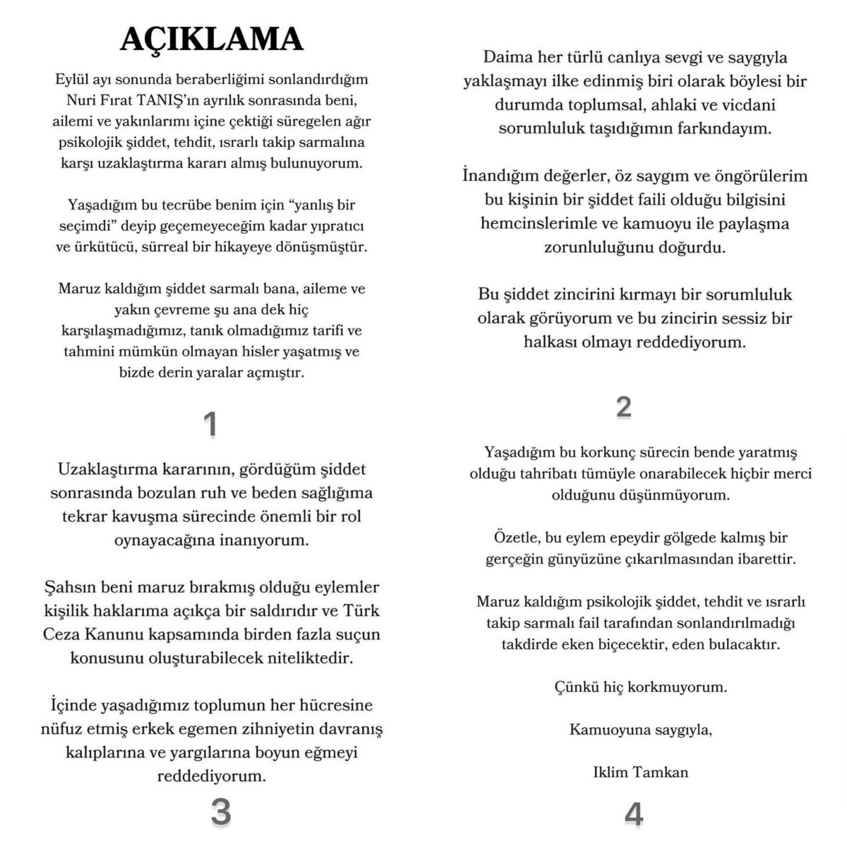 İklim Tamkan’dan Fırat Tanış’a ağır suçlamalar: Psikolojik şiddet, tehdit, takip… İşte detayları!