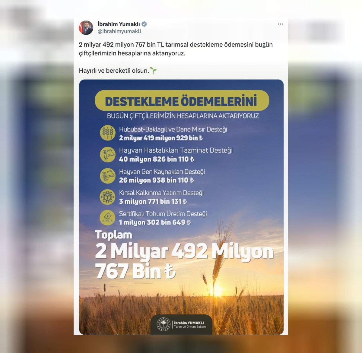 tarımsal destek ödemesi