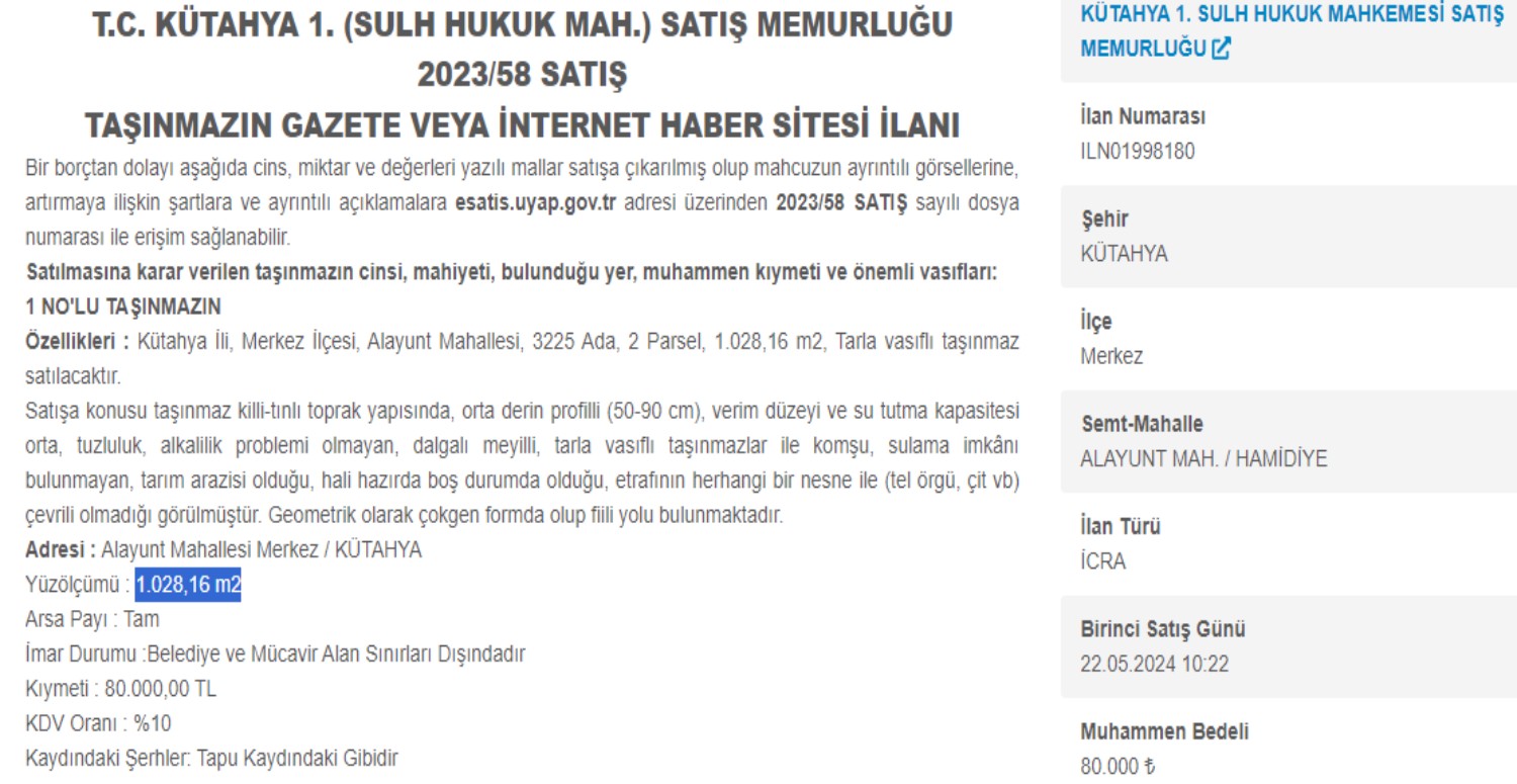 KÜTAHYA'DA MAHKEMEDEN SATILIK 2 ARSA