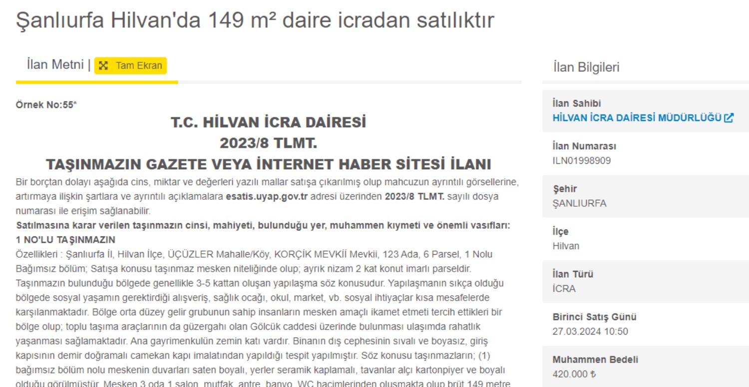 ŞANLIURFA MAHKEMEDEN İCRALIK DAİRE