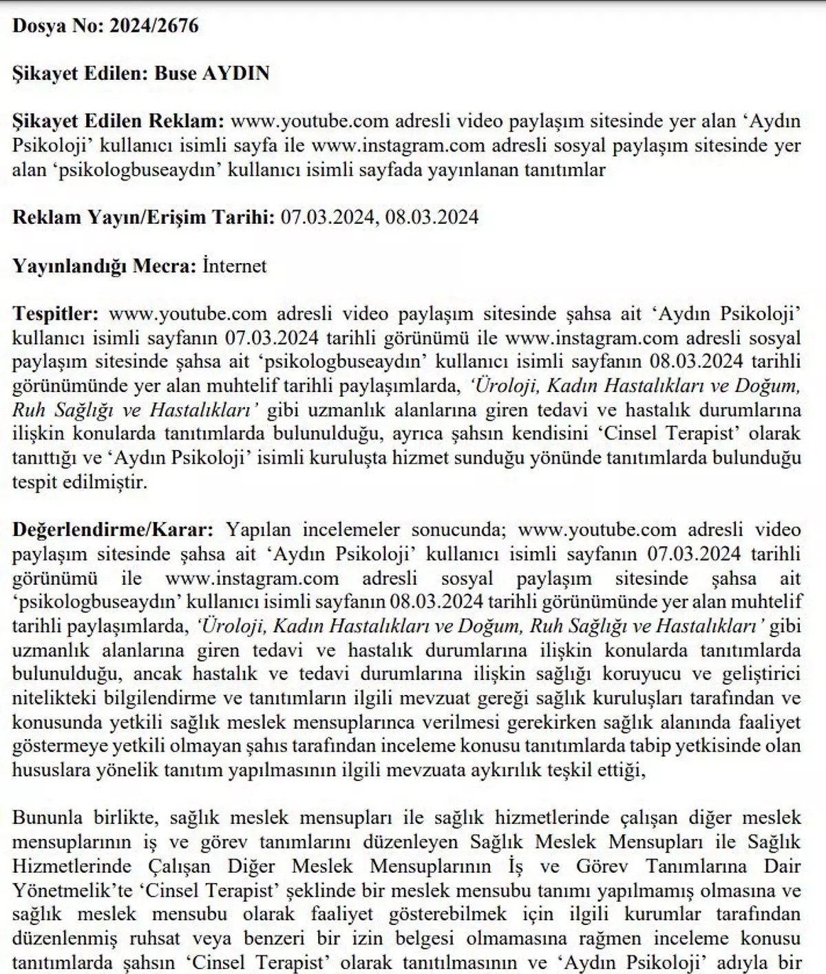 Kendi kendini cinsel terapist ilan eden Buse Aydına 550 bin lira ceza 