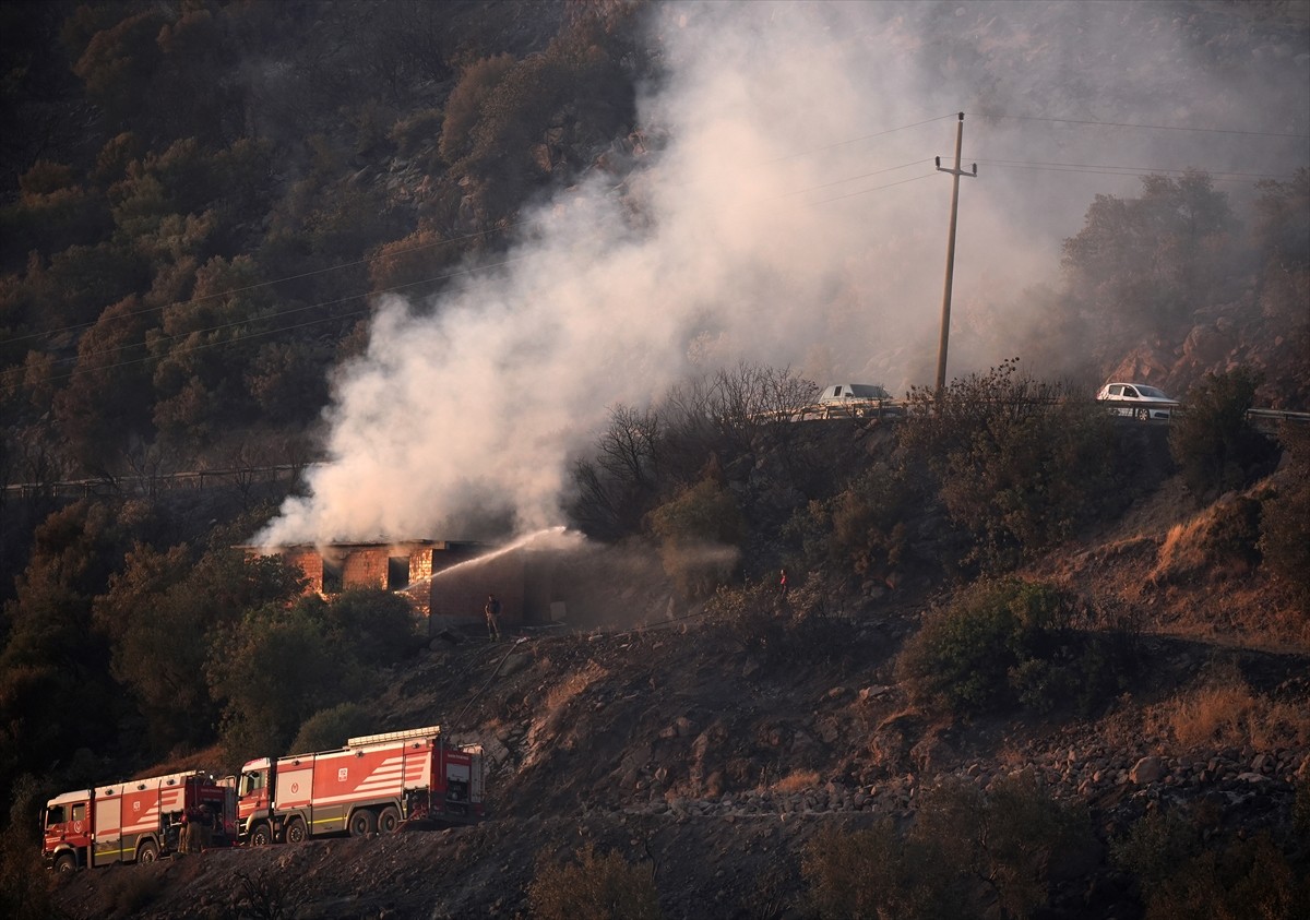 İzmir'in Dikili ilçesinde ormanlık alanda başlayan ve yerleşim yerlerine yaklaşan yangına havadan...