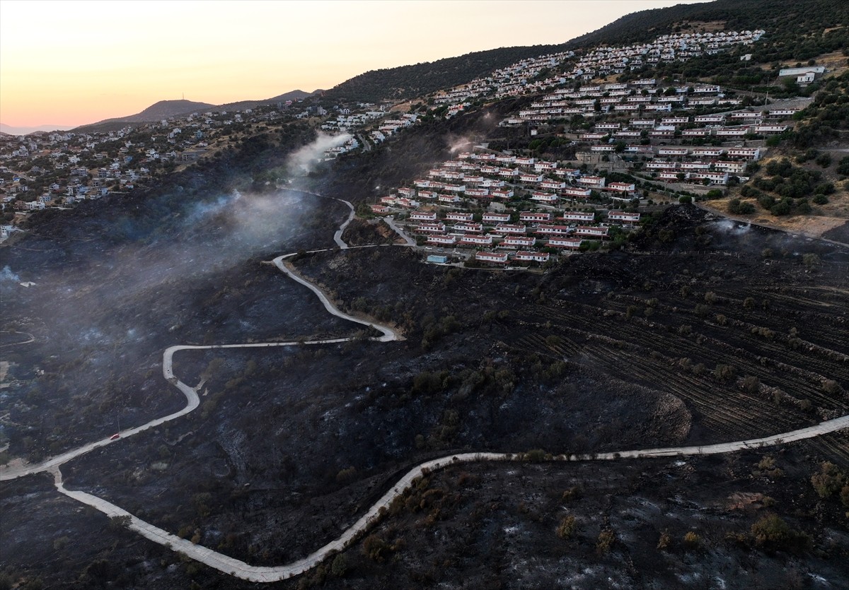 İzmir'in Dikili ilçesinde ormanlık alanda başlayan ve yerleşim yerlerine yaklaşan yangına havadan...