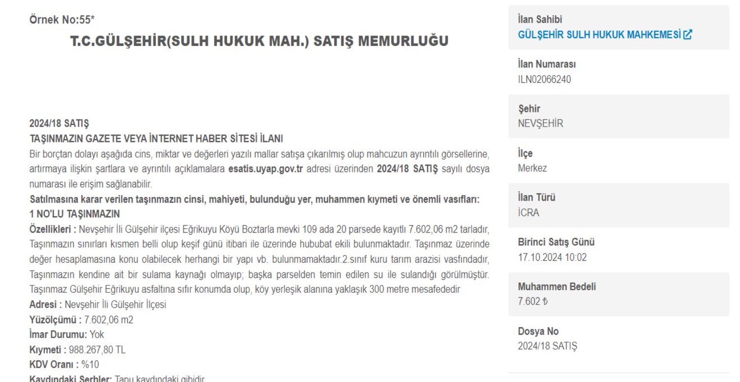 Nevşehir Gülşehir'de 7.602 m² tarla